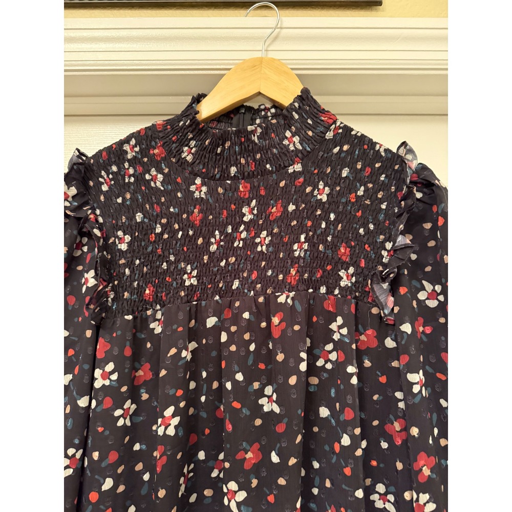 Paper Parachute Dress Womens XS Navy Floral Smocked Mock Neck Ruffle Tiered Midi - Picture 3 of 10